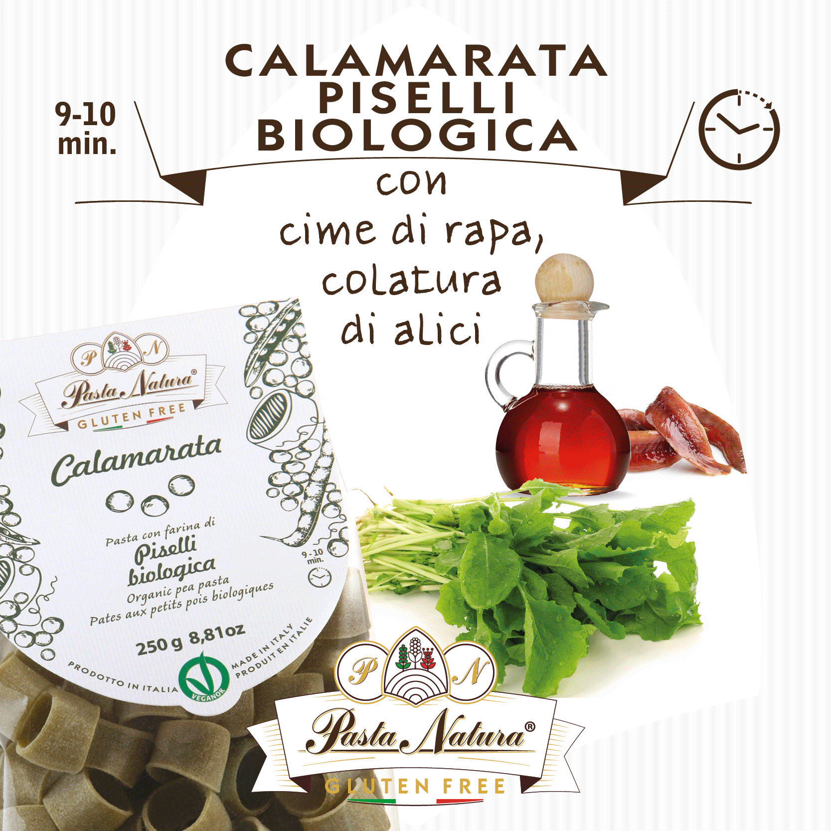CALAMARATA DI PISELLI CON CIME DI RAPA E COLATURA DI ALICI