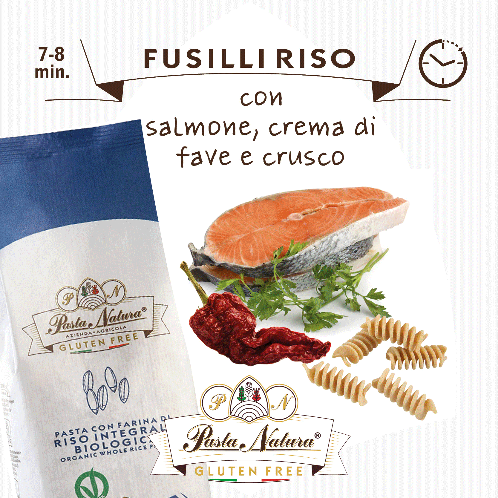 FUSILLI DI RISO AL SALMONE, CREMA DI FAVE E CRUSCO