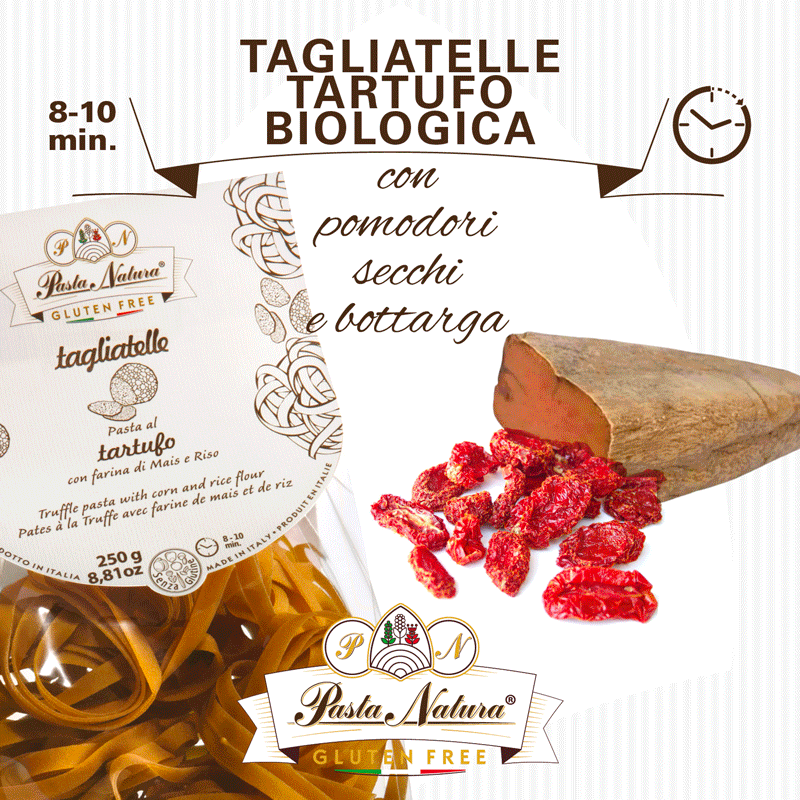 TAGLIATELLE SENZA GLUTINE AL TARTUFO CON BOTTARGA E POMODORINI SECCHI 