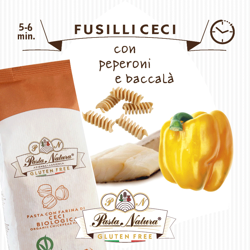 FUSILLI DI CECI CON PEPERONI E BACCALÀ